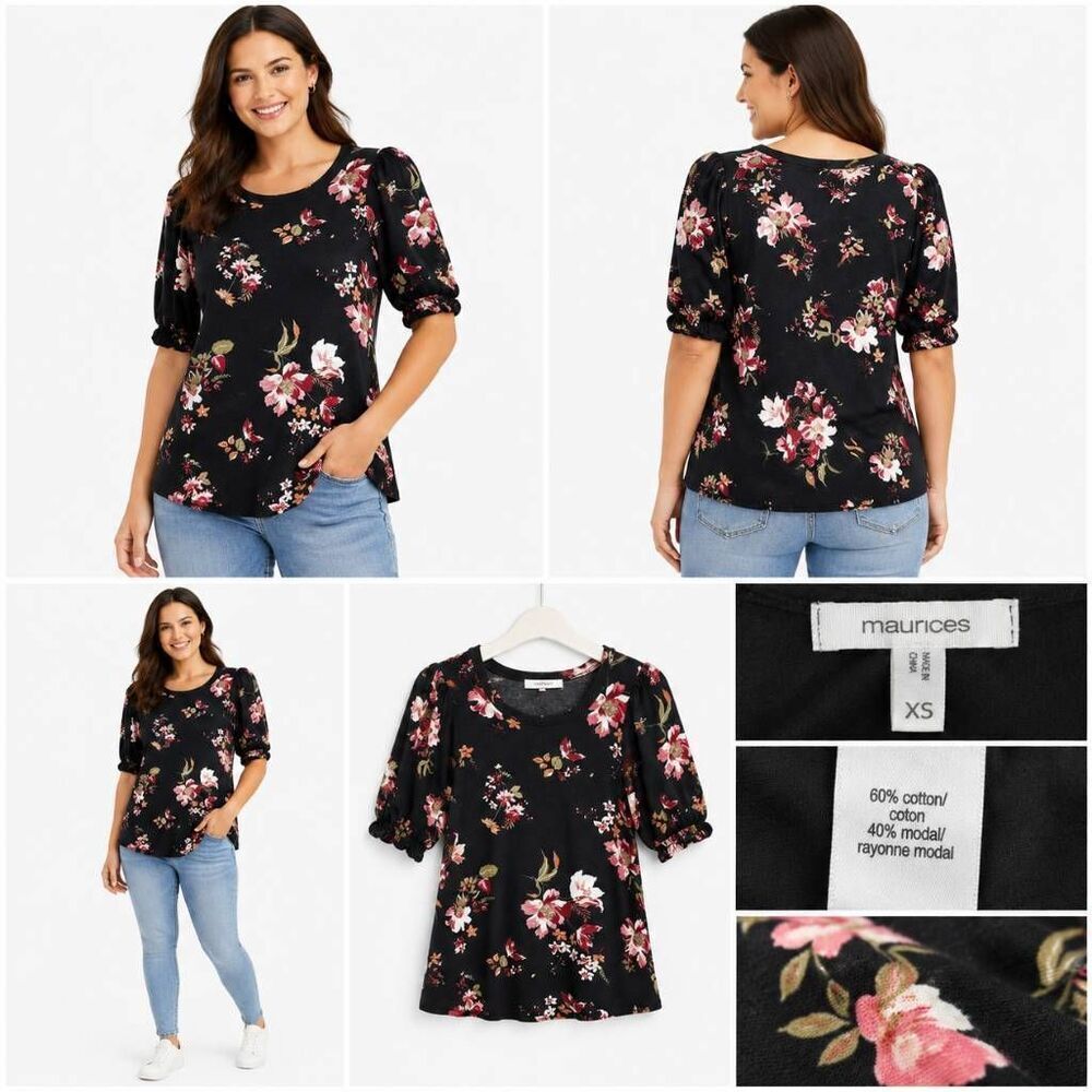 Maurices Black Floral Puff Sleeve Top XS